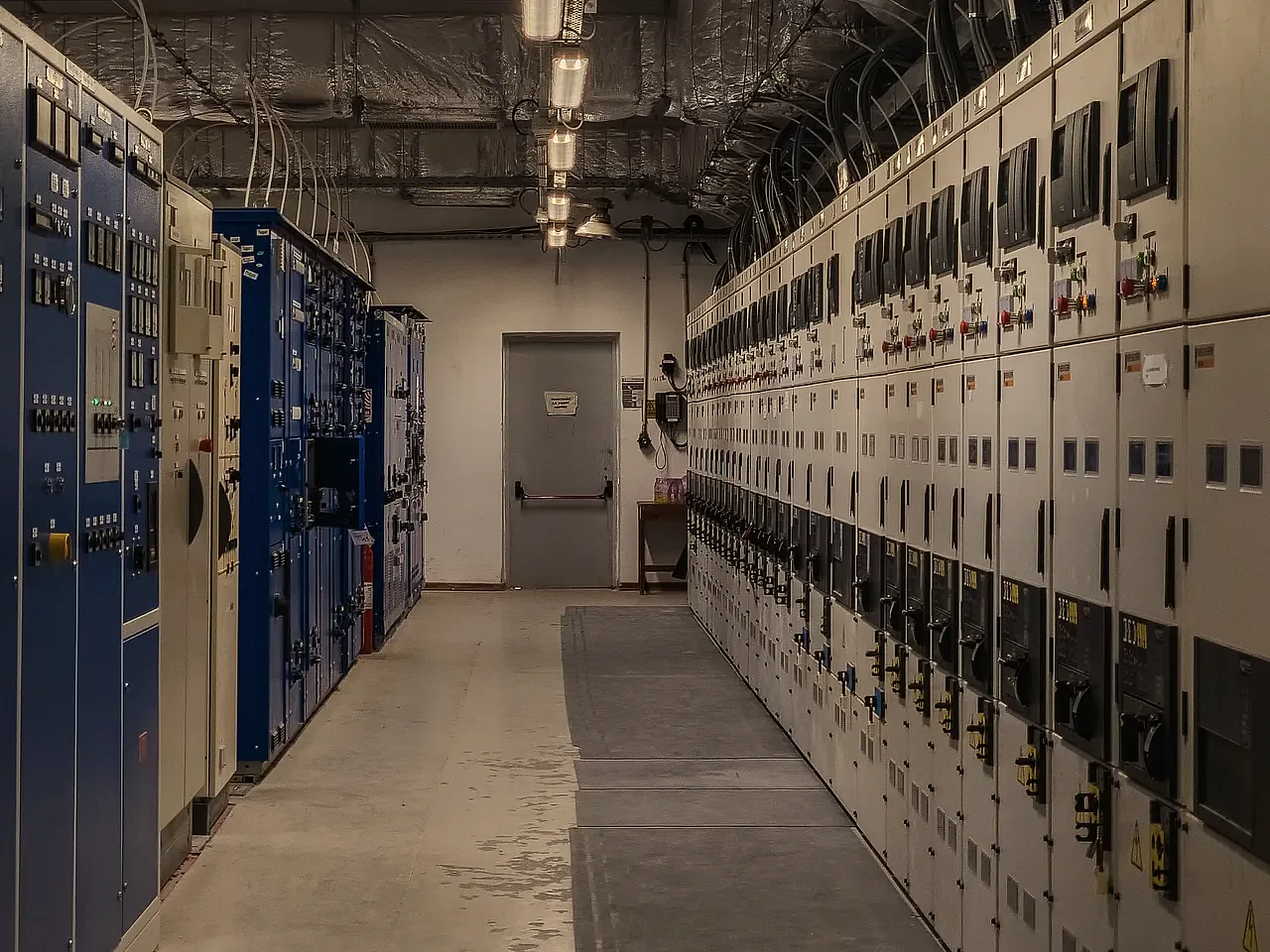 Row of electrical storage and distribution cabinets in an equipment room