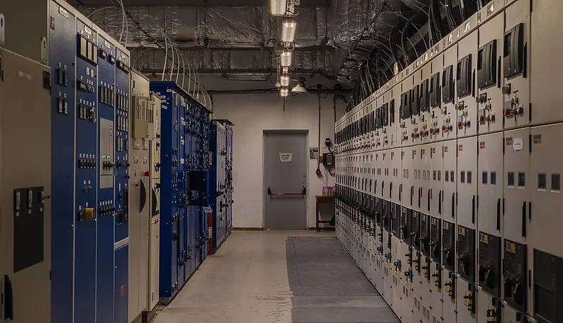 Rows of battery energy storage cabinets in an electrical equipment room